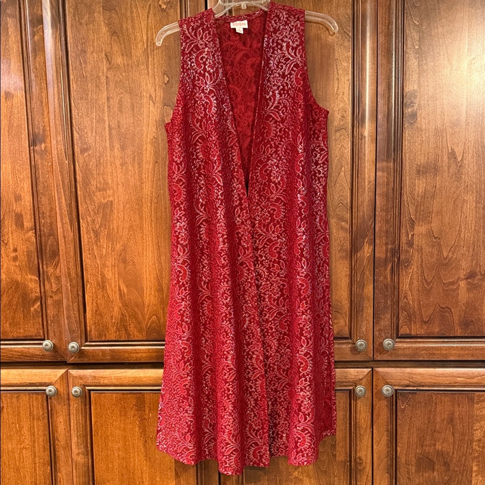 LuLaRoe Joy an elegant deep red patterned sleeveless long lace vest